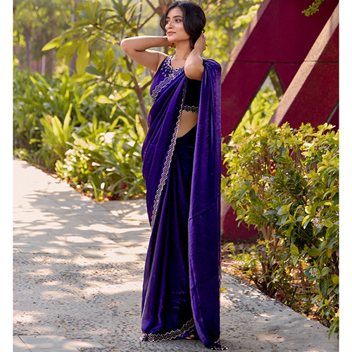 1403 Embroidered Velvet Purple Saree