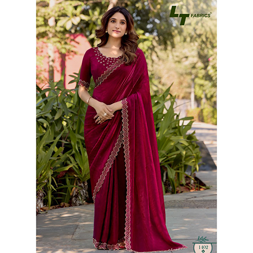 1402 Ladies Chiffon Magenta Saree - Design: Plain