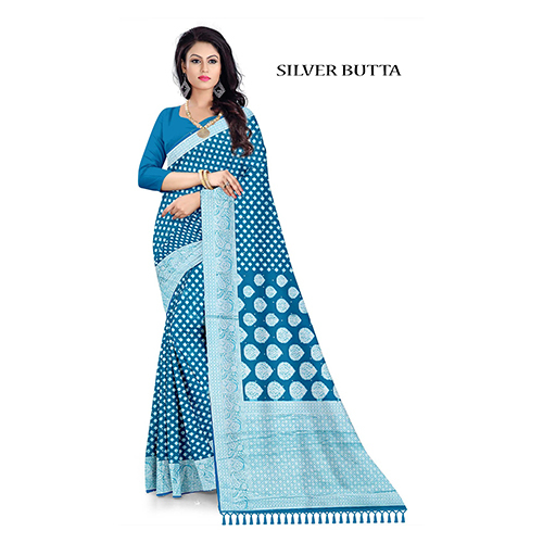 Ladies Silver Butta Saree - Color: Blue