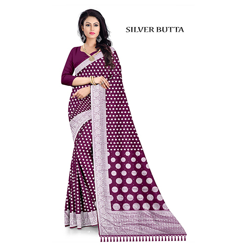 Ladies Silver Butta Saree - Color: Blue