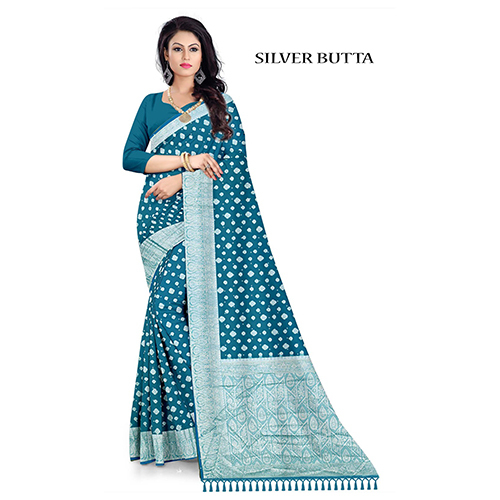 Ladies Silver Butta Saree - Color: Blue