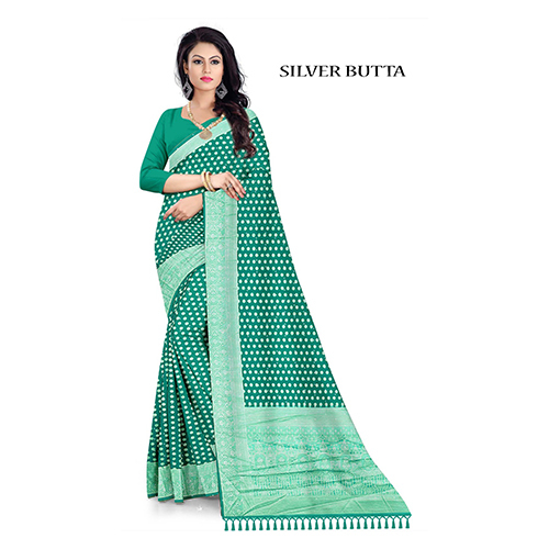 Ladies Designer Silver Butta Saree - Color: Green