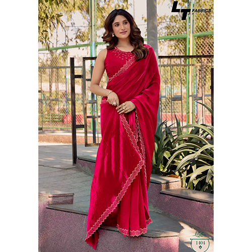 1404 Designer Thread Red Mirror Work Saree - Feature: Washable