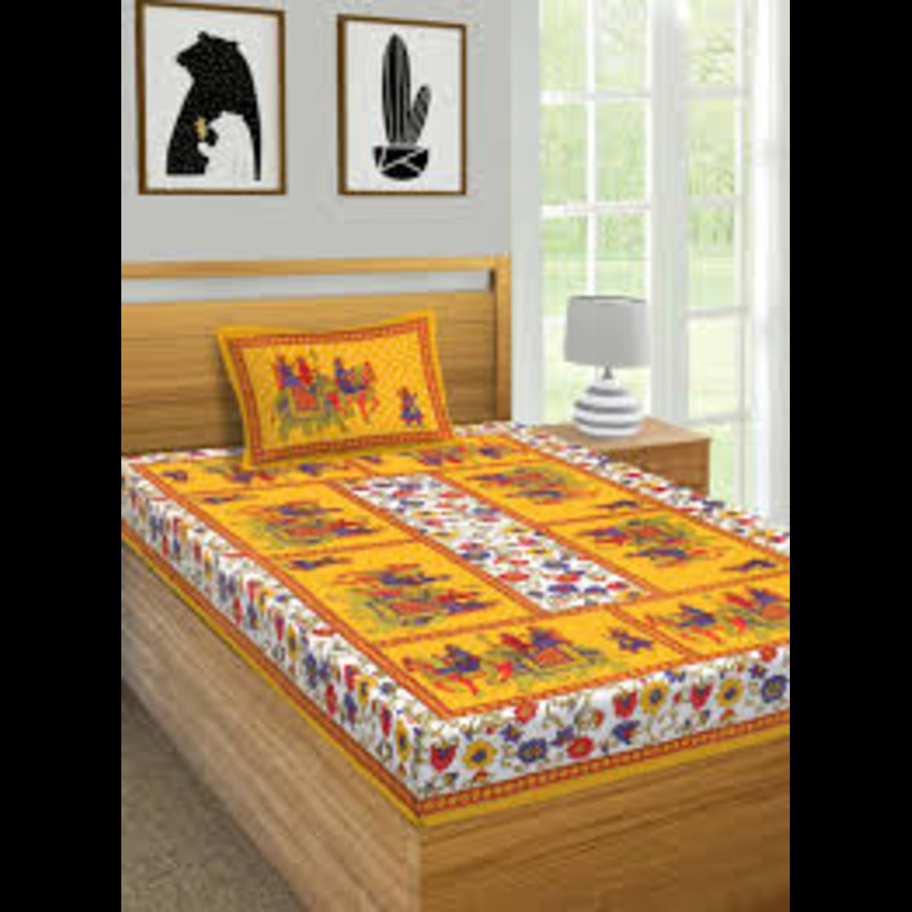 Cotton Jaipuri Single Bedsheet - 100% Cotton, 60x90 Inches, Assorted Print, 210 Thread Count, Washable, Twin Size, Includes 2 Pillowcases, Woven Pattern, No Shrinkage