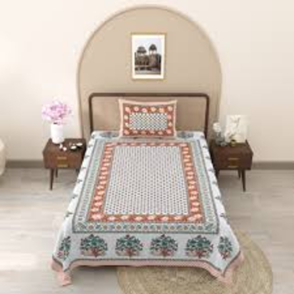 Cotton Jaipuri Single Bedsheet - 100% Cotton, 60x90 Inches, Assorted Print, 210 Thread Count, Washable, Twin Size, Includes 2 Pillowcases, Woven Pattern, No Shrinkage
