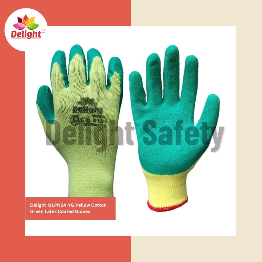 Delight Mlpn54-Yg Yellow Green Latex Palm Coated Hand Gloves - Latex Material, Full Finger Style, Green with Yellow Palm Coating | Printed Pattern, Industrial Use