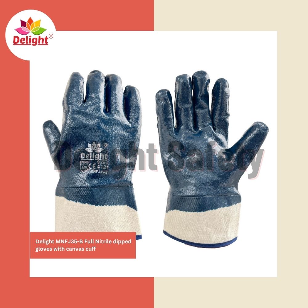 Delight Mnfj35-b Full Nitrile Dipped Hand Gloves With Canvas Cuff - Nitrile Fabric, Full Finger Style, Navy Blue Color, Printed Pattern | Industrial Use, Secure Fit