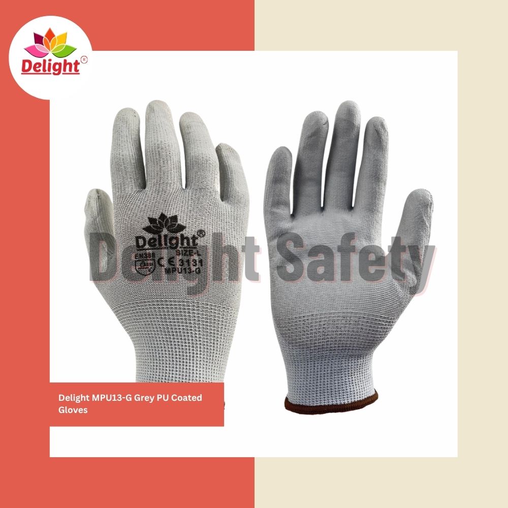 Delight Mpu13-g Grey Pu Coated Gloves - Pu Fabric, Full Finger Design, Stylish Gray Pattern | Reliable Protection For Industrial Use
