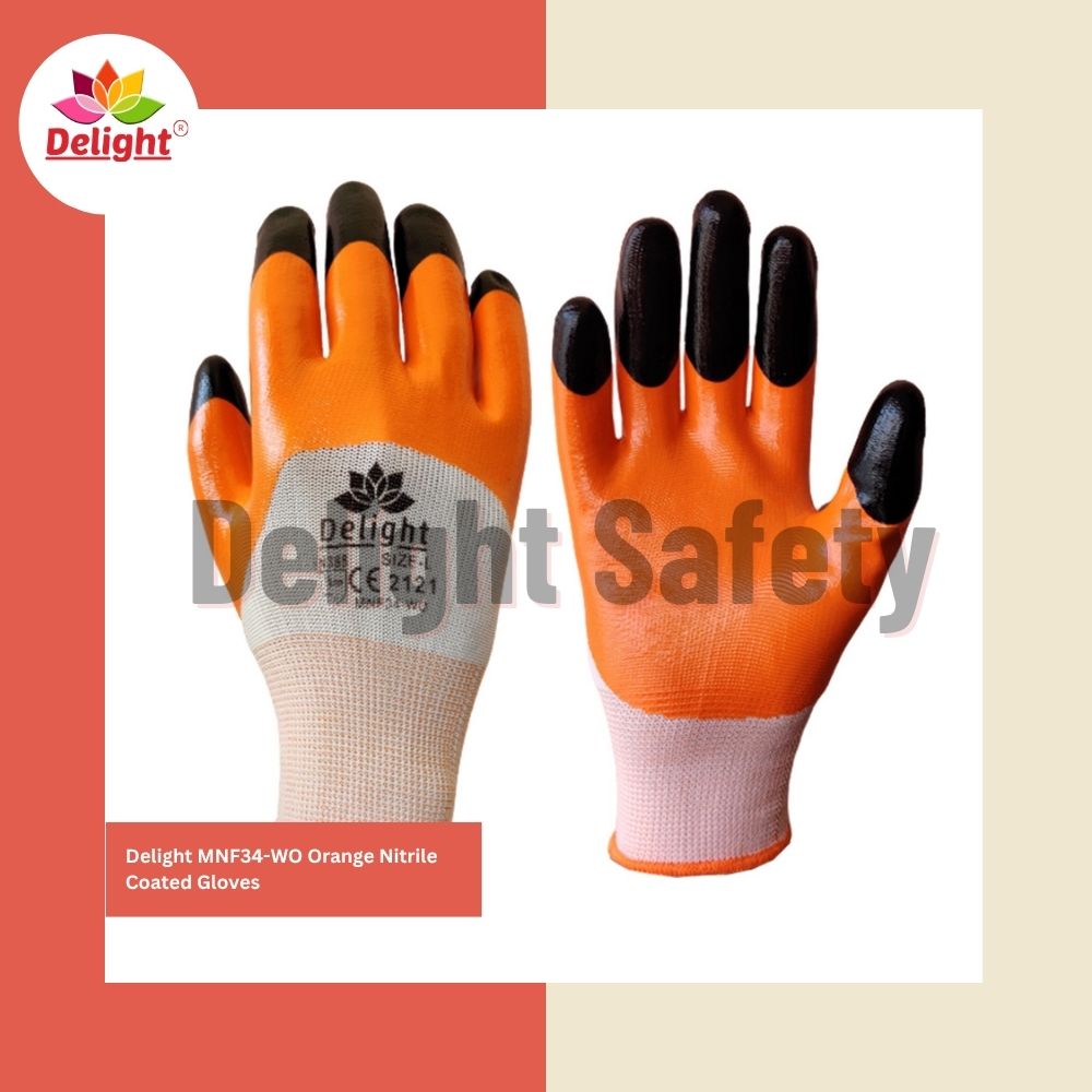 Delight MNF34-WO Orange Black Nitrile Coating Hand Gloves - Nitrile Fabric, Full Finger Style, Orange/Black Printed Pattern | Industrial Use, Durable Flexibility