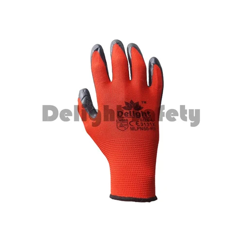 MLPN55-RB 13G लाल पॉलिएस्टर दस्ताने जिन पर काला लेटेक्स कोटेड है