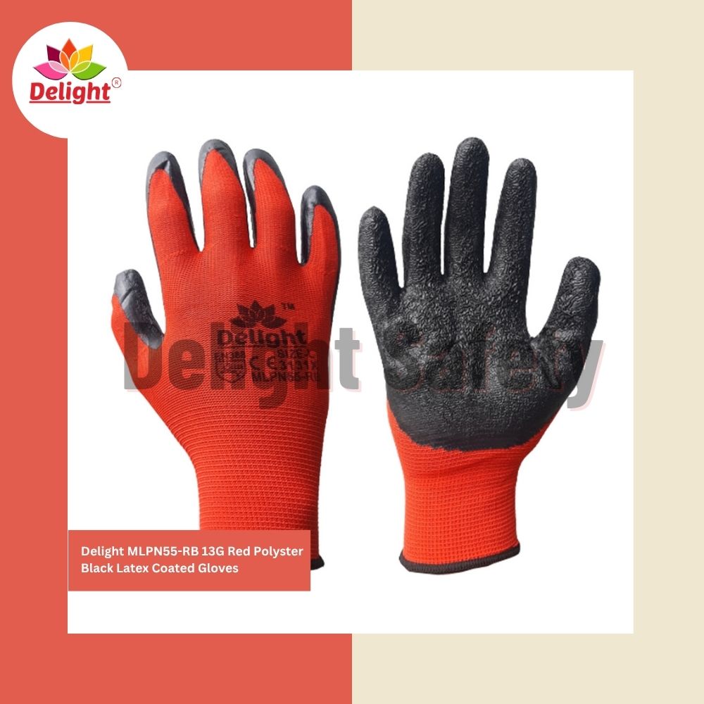MLPN55-RB 13G Red Polyester Gloves with Black Latex Coated - Nylon Fabric, Full Finger Style, Printed Pattern, Stylish Red and Black Design