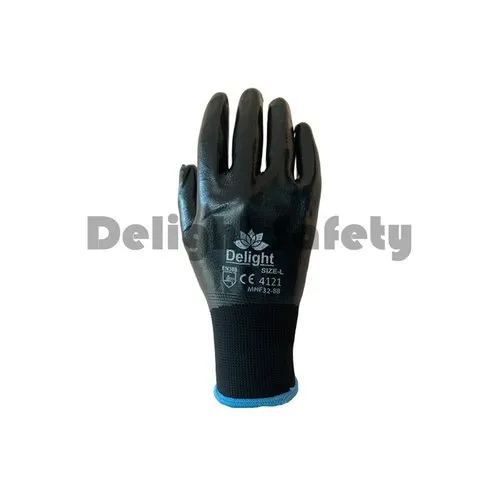Delight MNF32-BB Black Nitrile Full Coated Hand Gloves - Nitrile Fabric, Full Finger Design, Black Color, Industrial Use, Printed Pattern