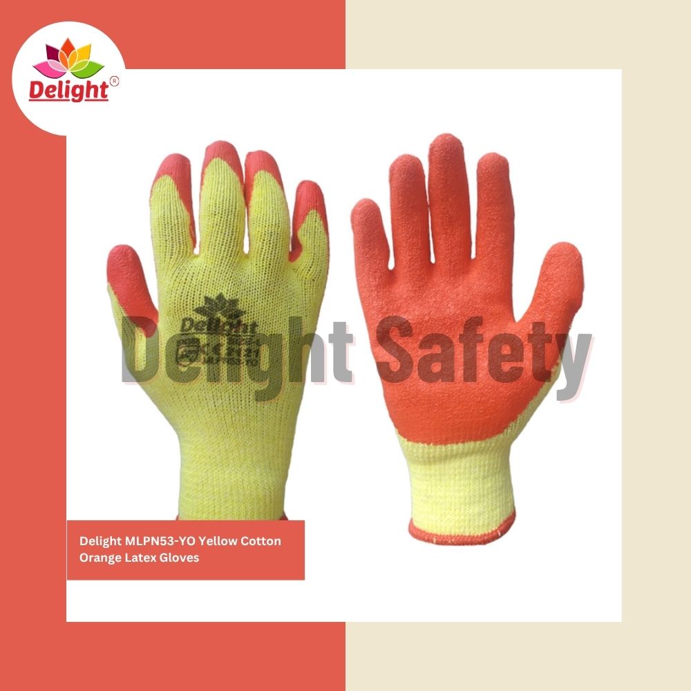 Delight Mlpn53-Yo Yellow Orange Latex Palm Coated Hand Gloves - Latex Fabric, Full Finger Style, Orange/Yellow Color, Printed Pattern | Designed for Industrial Use, Comfortable Fit, Excellent Protection