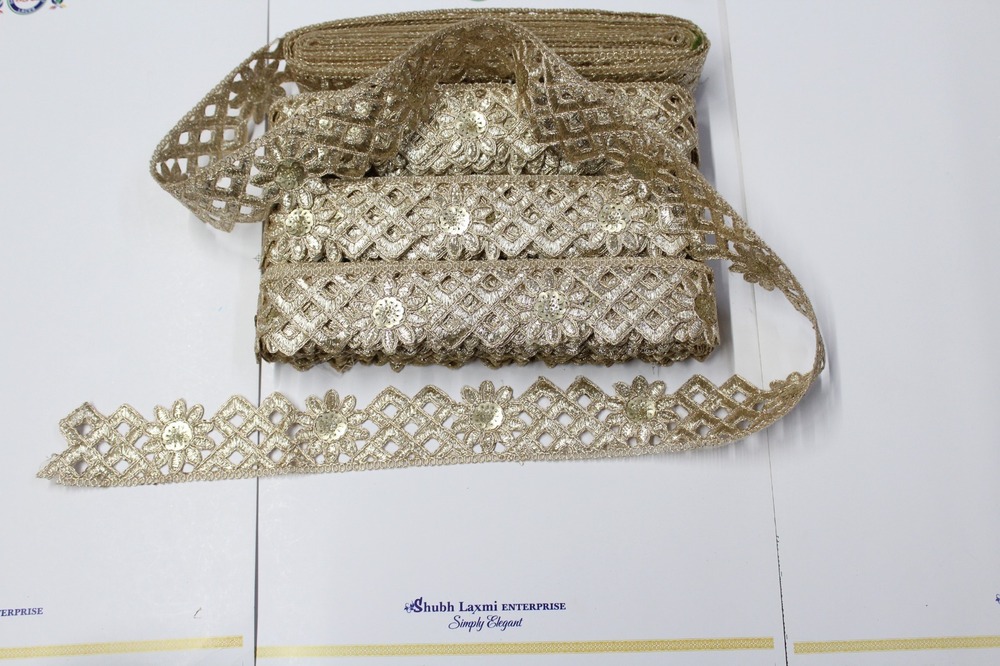 Golden Sequence Lace - 1.5 Inch Width, 9 Mtr Length, Golden Color, Fancy Flower Design | One-sided, Embellished With Sequins And Jari Work