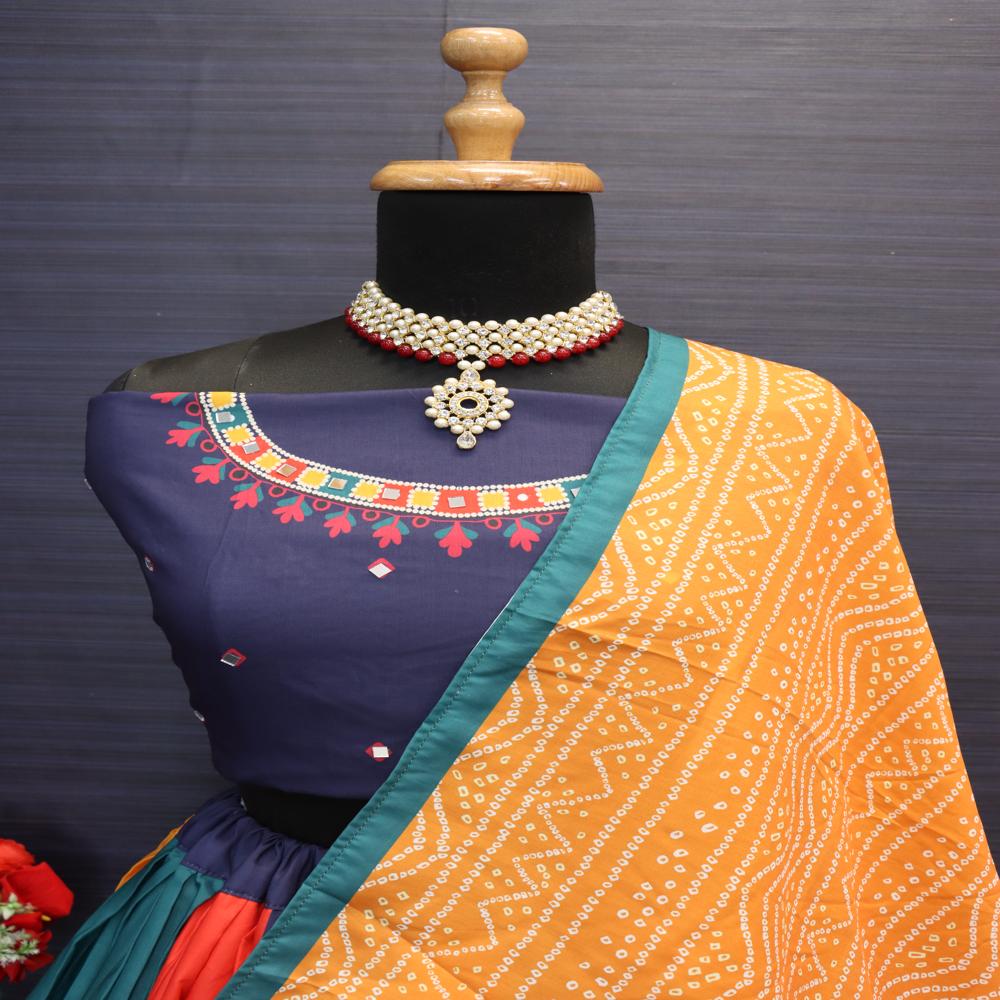 Navratri Chaniya Choli - Muslin Cotton, Semi-stitched Lehenga 42" Length, 4 Meter Flair , Real Mirror Work, Unstitched Silk Blouse & Duppata