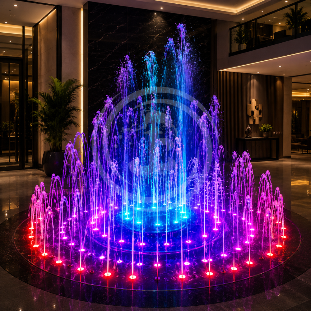 Indoor Musical Fountain - Stainless Steel, 5x5 Meters | 100 LPM Water Pump, LED RGB Lighting, 220V Power Supply, 500kg Weight