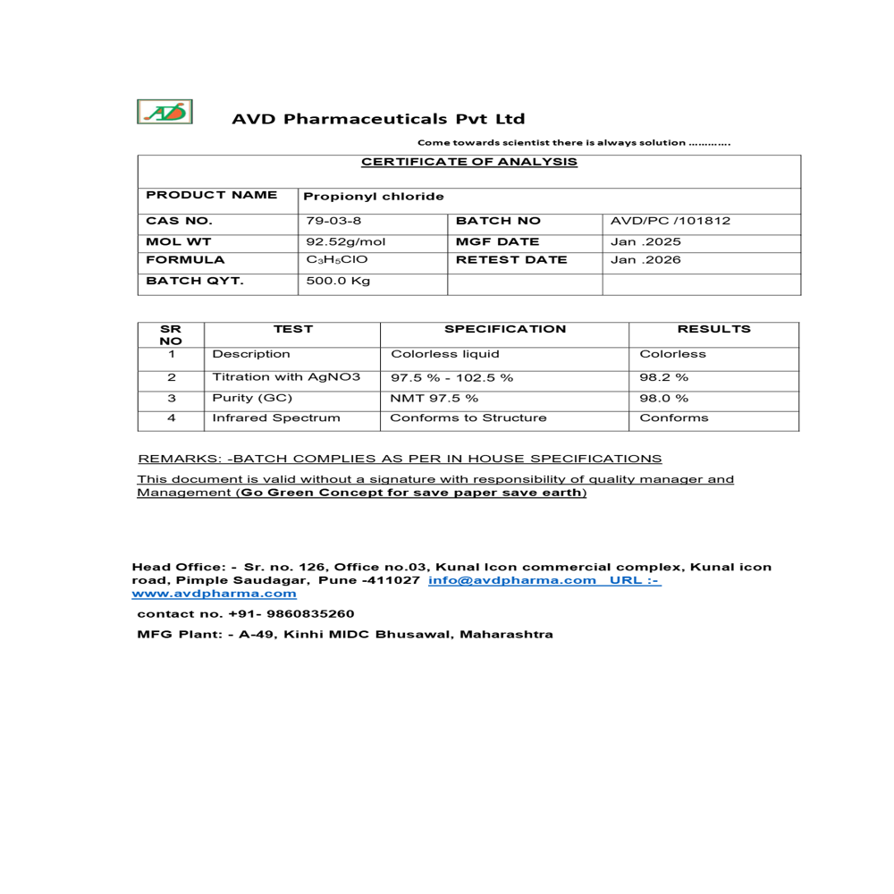 Propionyl Chloride  Cas No. 79-03-8. - Boiling Point: 80 C