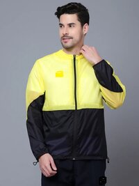 Wind Cheater - Polyester Fabric, All Sizes, Yellow & Black | Lightweight, Water-resistant, Windproof, Packable, Adjustable Hood, Zippered Pockets