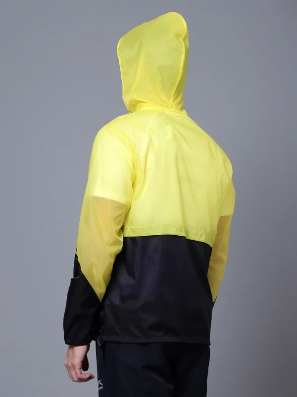 Wind Cheater - Polyester Fabric, All Sizes, Yellow & Black | Lightweight, Water-resistant, Windproof, Packable, Adjustable Hood, Zippered Pockets