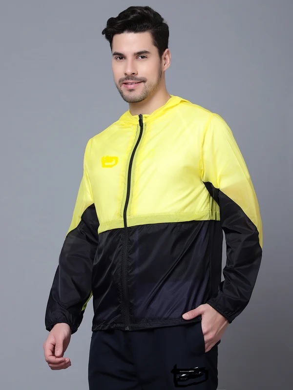 Wind Cheater - Polyester Fabric, All Sizes, Yellow & Black | Lightweight, Water-resistant, Windproof, Packable, Adjustable Hood, Zippered Pockets