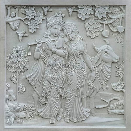White marble Radha Krishna CNC wall mural