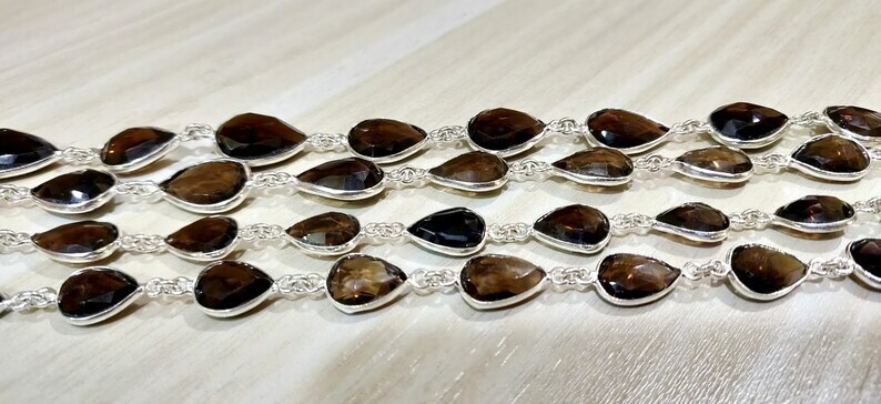 Natural Smoky Quartz Pear Shape Briolette Faceted Bezal Connector Chain 10x14mm to 12x16mm