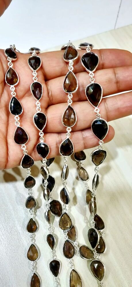 Natural Smoky Quartz Pear Shape Briolette Faceted Bezal Connector Chain 10x14mm to 12x16mm