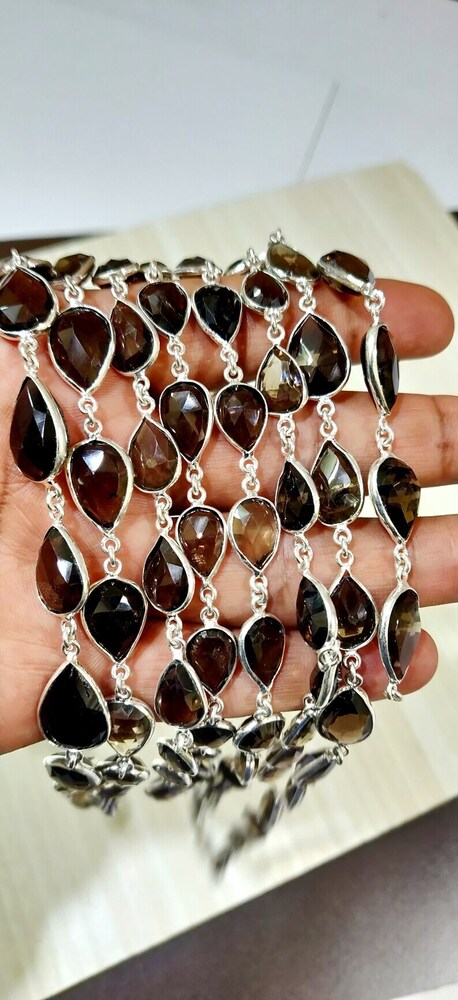 Natural Smoky Quartz Pear Shape Briolette Faceted Bezal Connector Chain 10x14mm to 12x16mm