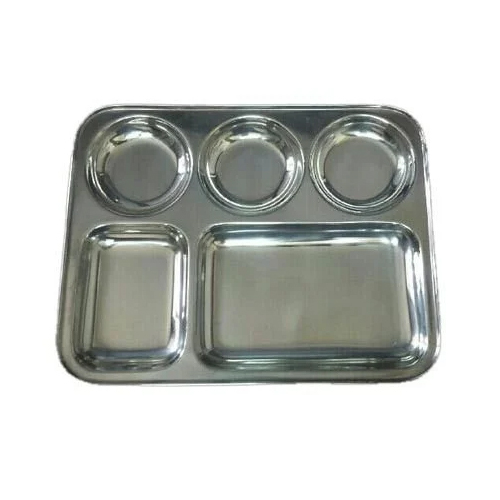 Stainless Steel 5 Compartment Plate For Food - Color: Silver / Grey