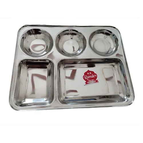 Stainless Steel 5 Compartment Plate - Color: Silver / Grey