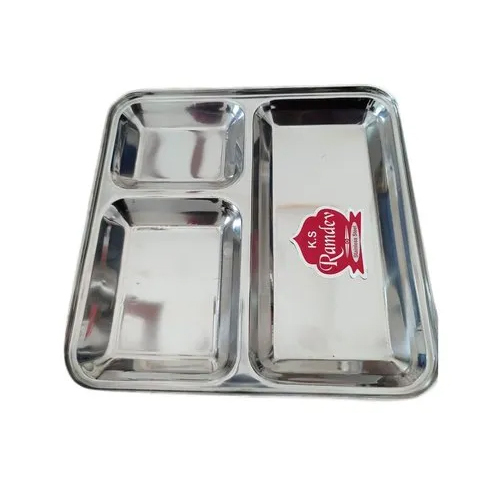 Stainless Steel Compartment Dinner Plate - Color: Silver / Grey