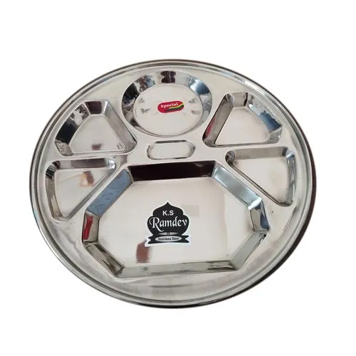 Round Stainless Steel Compartment Plate - Color: Silver / Grey