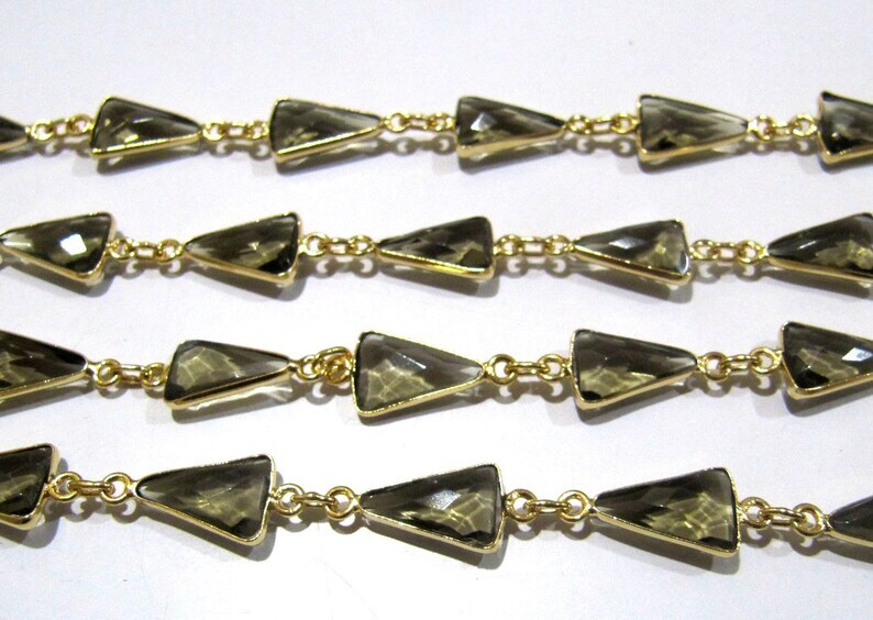 Natural Smoky Quartz Trillion Shape Briolette Faceted Bezel Connector Chain 10x13mm