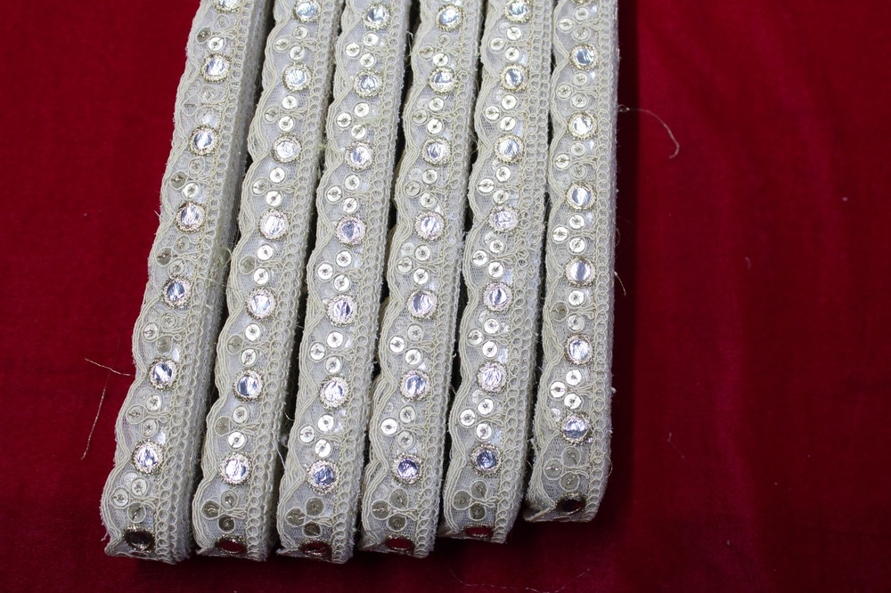 Fancy Embroidery Lace - 1 Inch X 9 Mtr, Sequence Material With Cut Work And Embroidered Design | Female Fancy Lace With Sequins Decoration