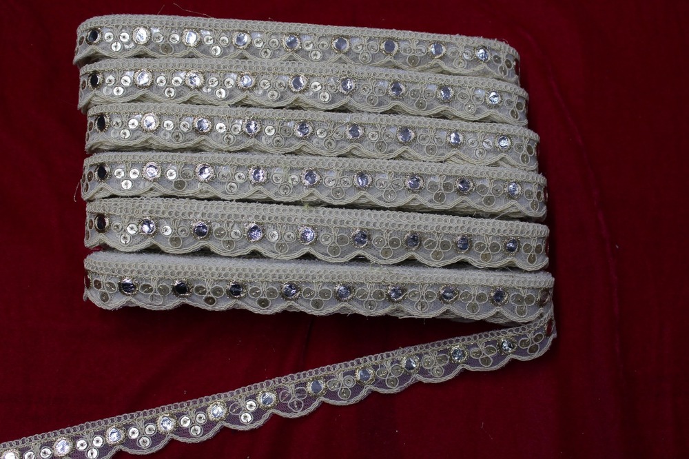 Fancy Embroidery Lace - 1 Inch X 9 Mtr, Sequence Material With Cut Work And Embroidered Design | Female Fancy Lace With Sequins Decoration