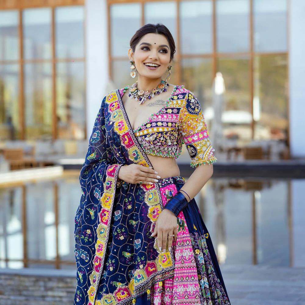 Navratri Chaniya Choli - Semi-stitched Muslin Cotton Lehenga With Silk Inner, Custom Size Up To 42, Multi-color Printed With Real Mirror, 4m Flair | Includes Unstitched Blouse And 2.10m Duppata