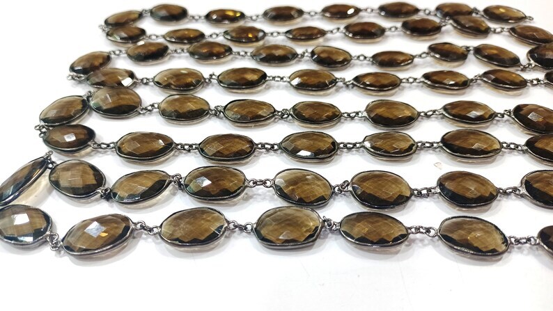 Natural Smoky Quartz Free Shape Briolette Faceted Bezal Connector Chain 12 to 15mm