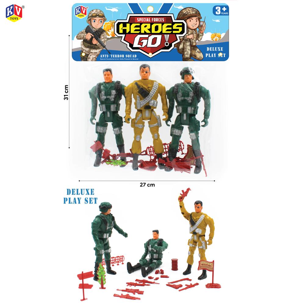 Hero's Go Deluxe play Set - 3 Army Boys with military Accessories (444-888 Soldier)