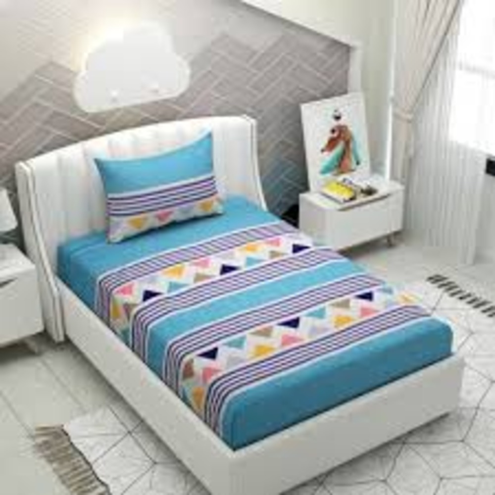 Glace Cotton Single Bedsheet - 80% Polyester, 20% Cotton, 60x90 Inch, Assorted Print, Washable, Twin Size, 2 Pillowcases, Plaid Pattern