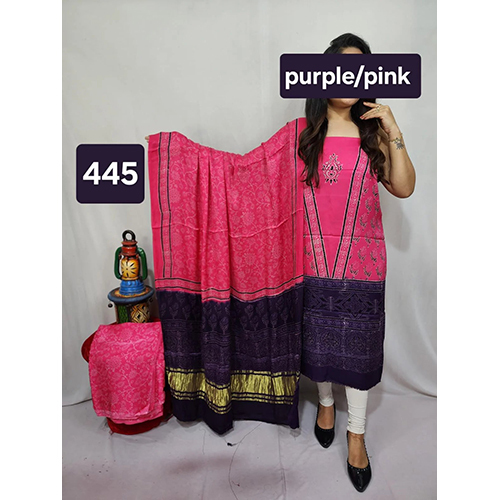 Pure Modal Sik Ajrakh Hand Block 3 Pics Suit - Color: Pink & Blue