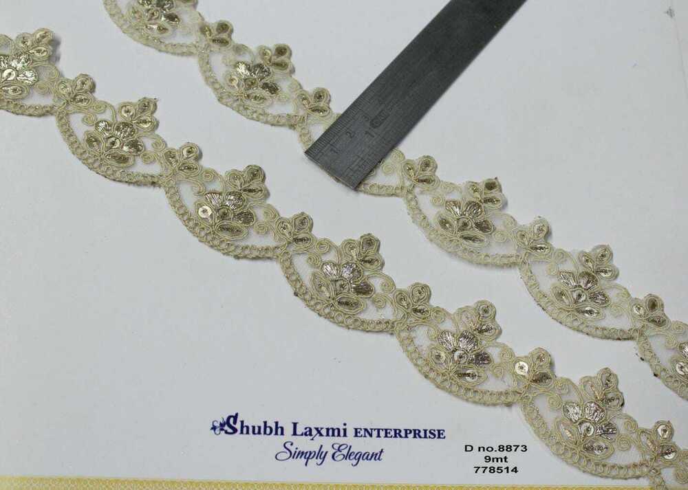 Cutwork Embroidery Lace - 9m Length, Golden Shade with Beautiful Flower Sequins | Fancy One-Sided Border Lace Design, 1-Inch Width