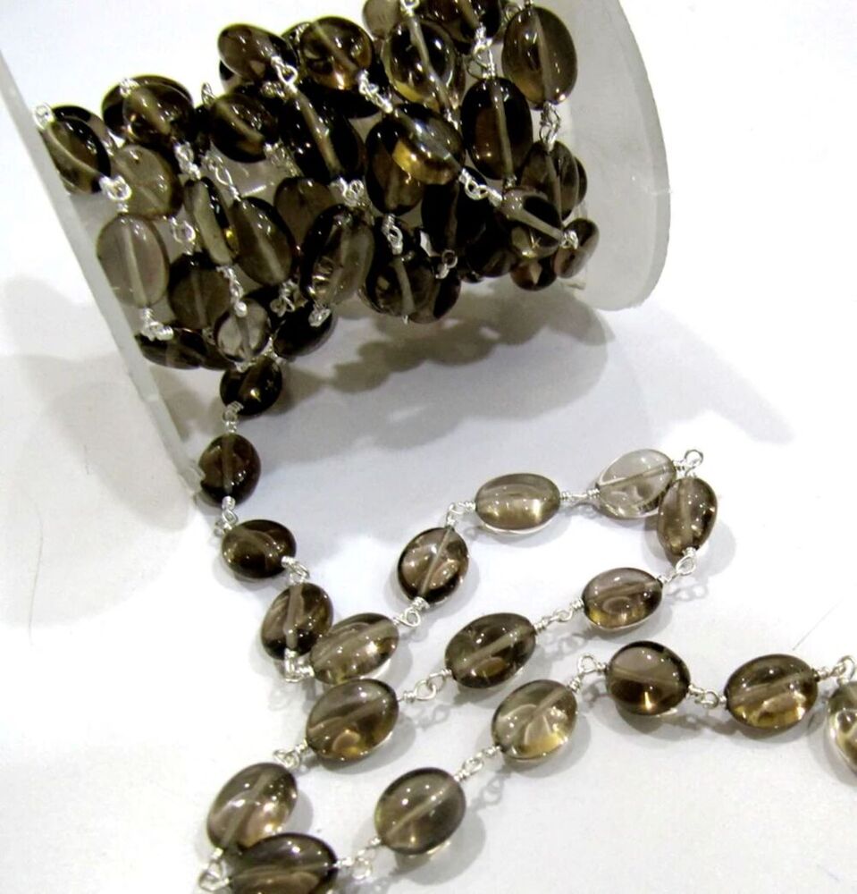 Smoky Quartz Oval Plain Smooth Beaded Rosary Chain Semi Precious Beads
