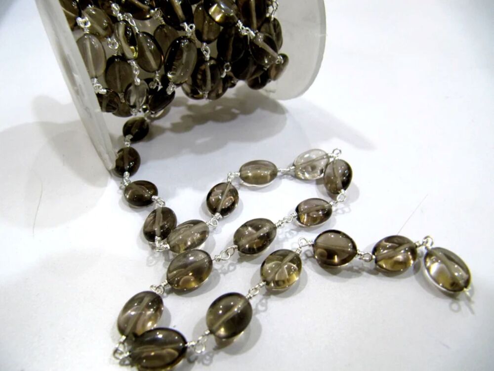 Smoky Quartz Oval Plain Smooth Beaded Rosary Chain Semi Precious Beads