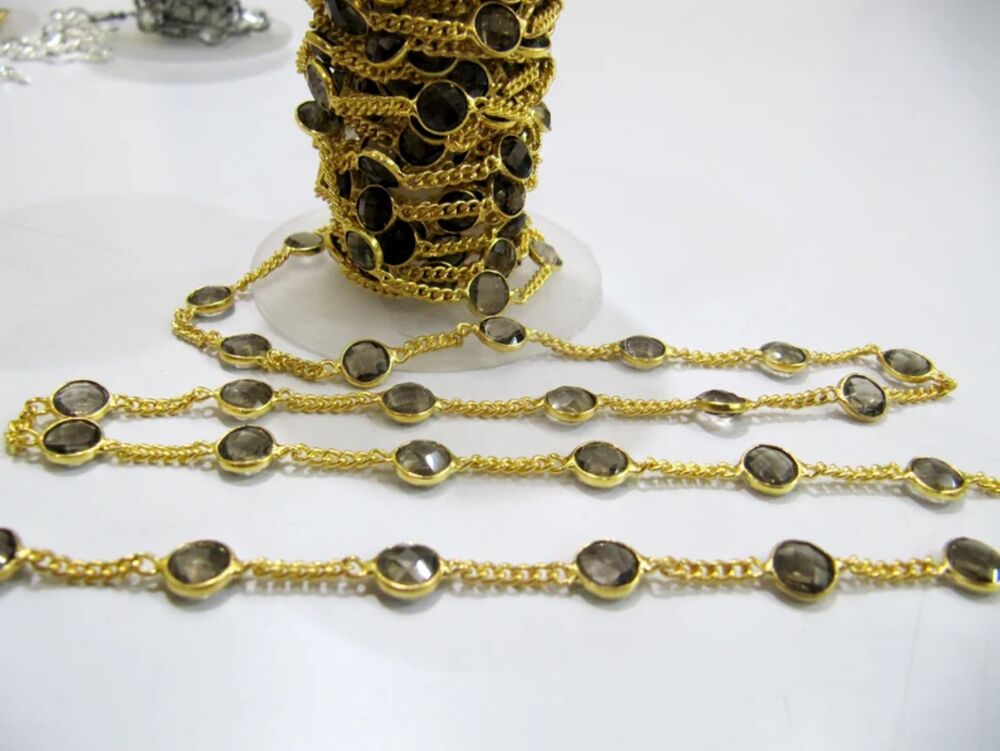 Natural Smoky Quartz Connector Chain, Genuine Smoky Quartz Briolette Coin Shape 7mm