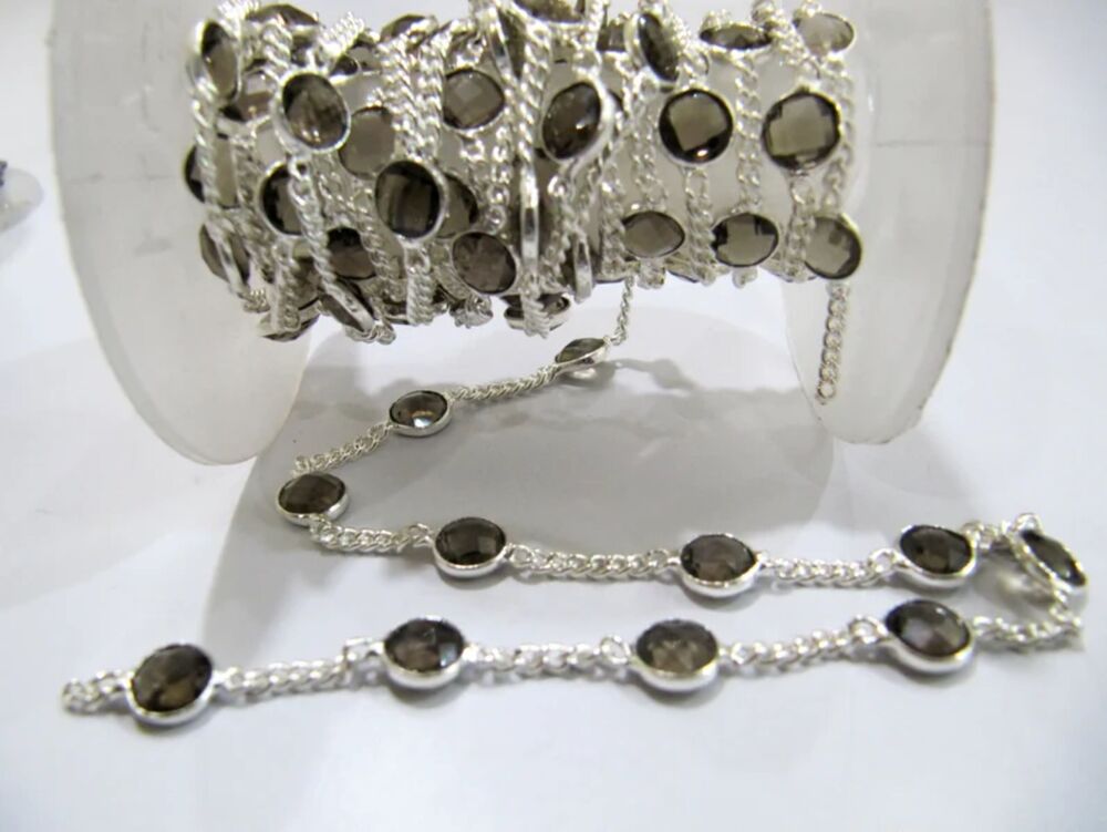 Natural Smoky Quartz Connector Chain, Genuine Smoky Quartz Briolette Coin Shape 7mm
