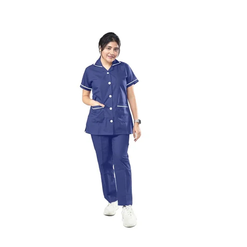 Hospital Female Nurse Uniform - Cotton Material, Size Large , Blue Color, Medium Sleeve Style, Washable For Easy Care