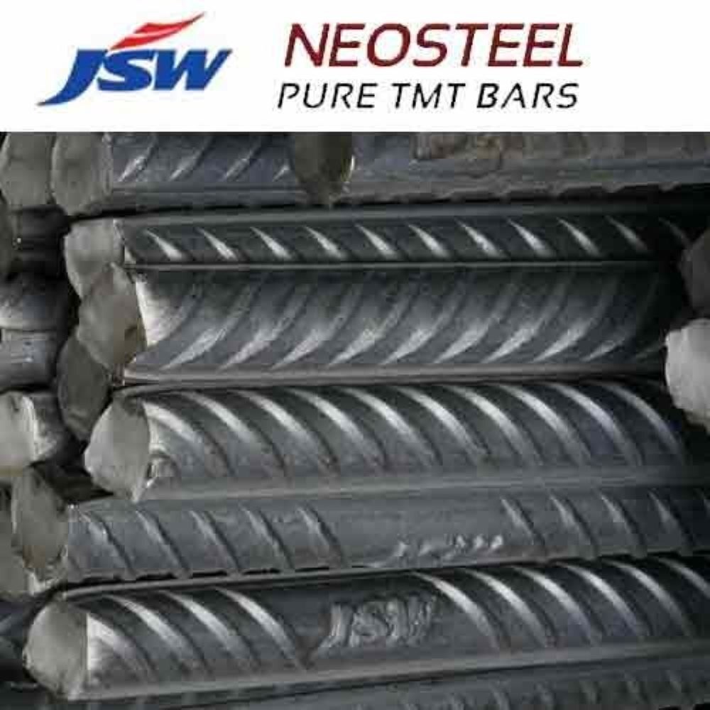 Jsw Neosteel Tmt Bar - Mild Steel, 6 Meter Length, 8mm-32mm Diameter, Black Finish, Grade Fe 500d, Polished For Superior Ductility And Bendability