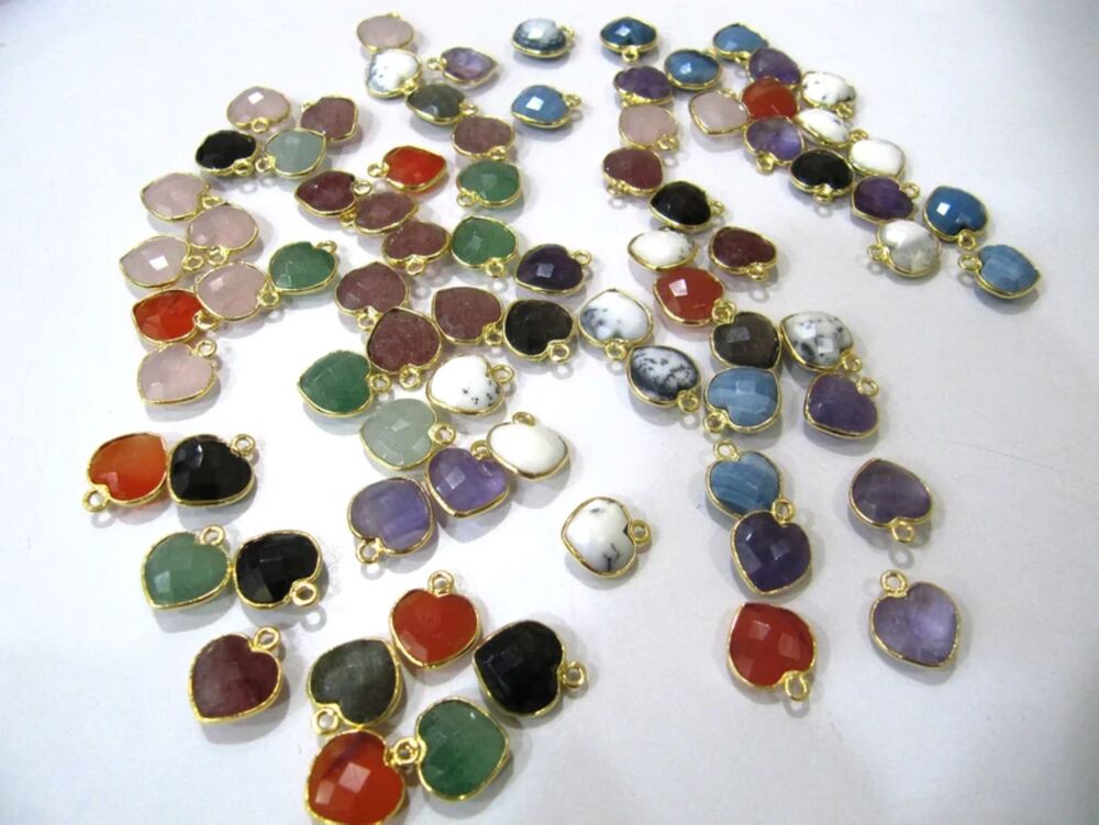 Natural Gemstone heart shape center loop Bezel Connectors Gold Plated 10mm
