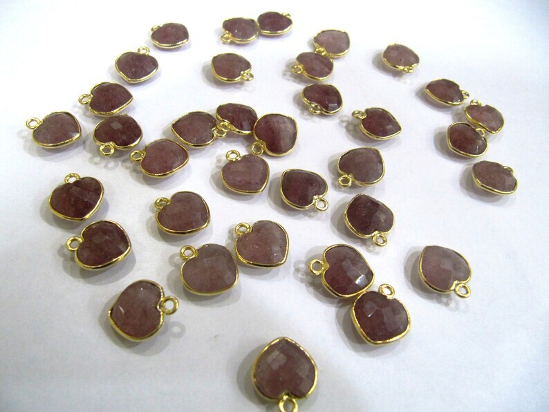 Natural Gemstone heart shape center loop Bezel Connectors Gold Plated 10mm