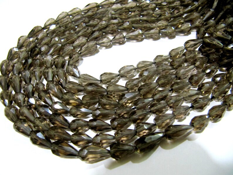 Natural Smoky Quartz Straight Drilled Tear Drop Briolette Faceted Beads Size 6x10mm
